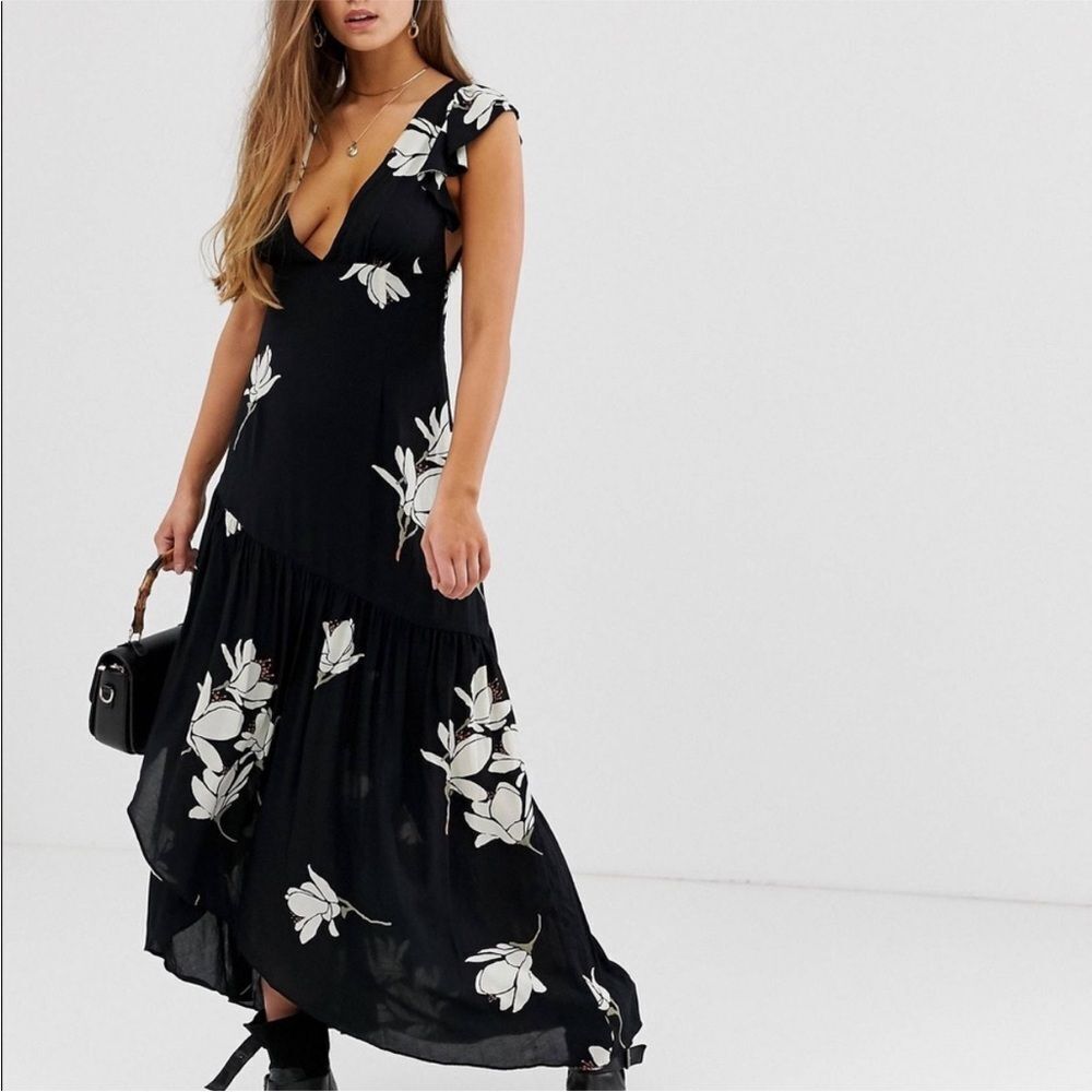 Free People Black Maxi Dress with White Floral Print